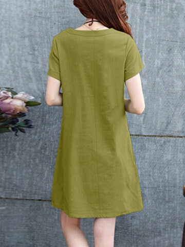 Women Casual Dresses | Solid Short Sleeve Pocket Casual Crew Neck Dress - AX71567