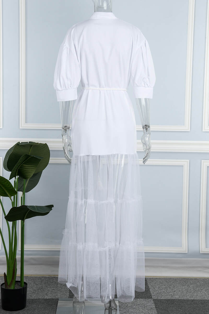 White Casual Solid Patchwork Turndown Collar Shirt Dress Dresses(With a belt)