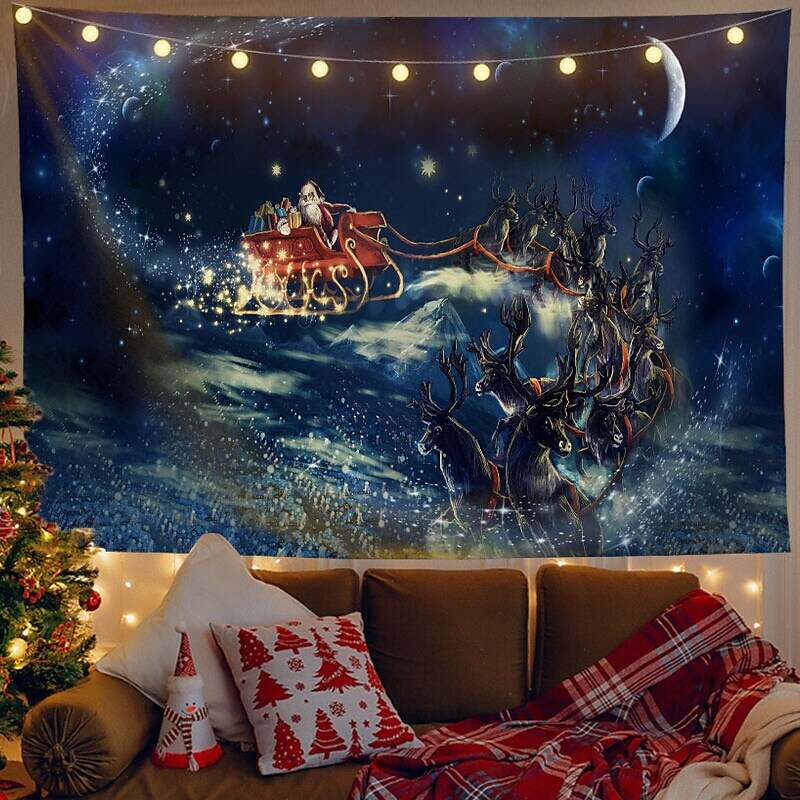 Christmas Decor LED Lights Wall Tapestry Santa Claus Print