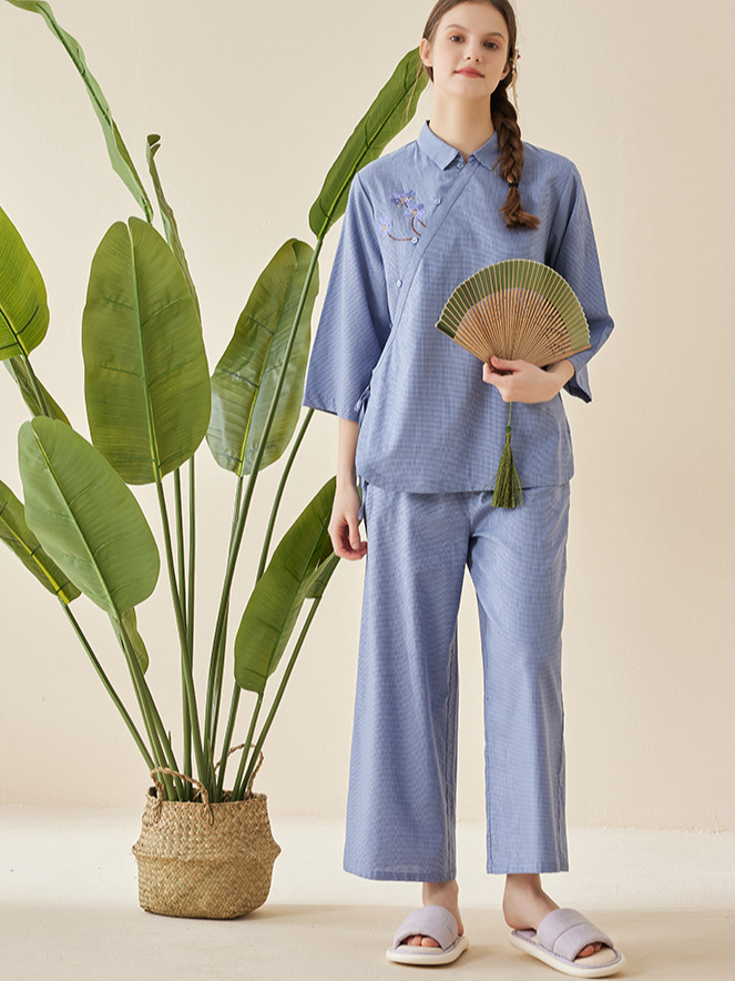 Shawl Collar Regular Fit Simple Cotton Pajama Set