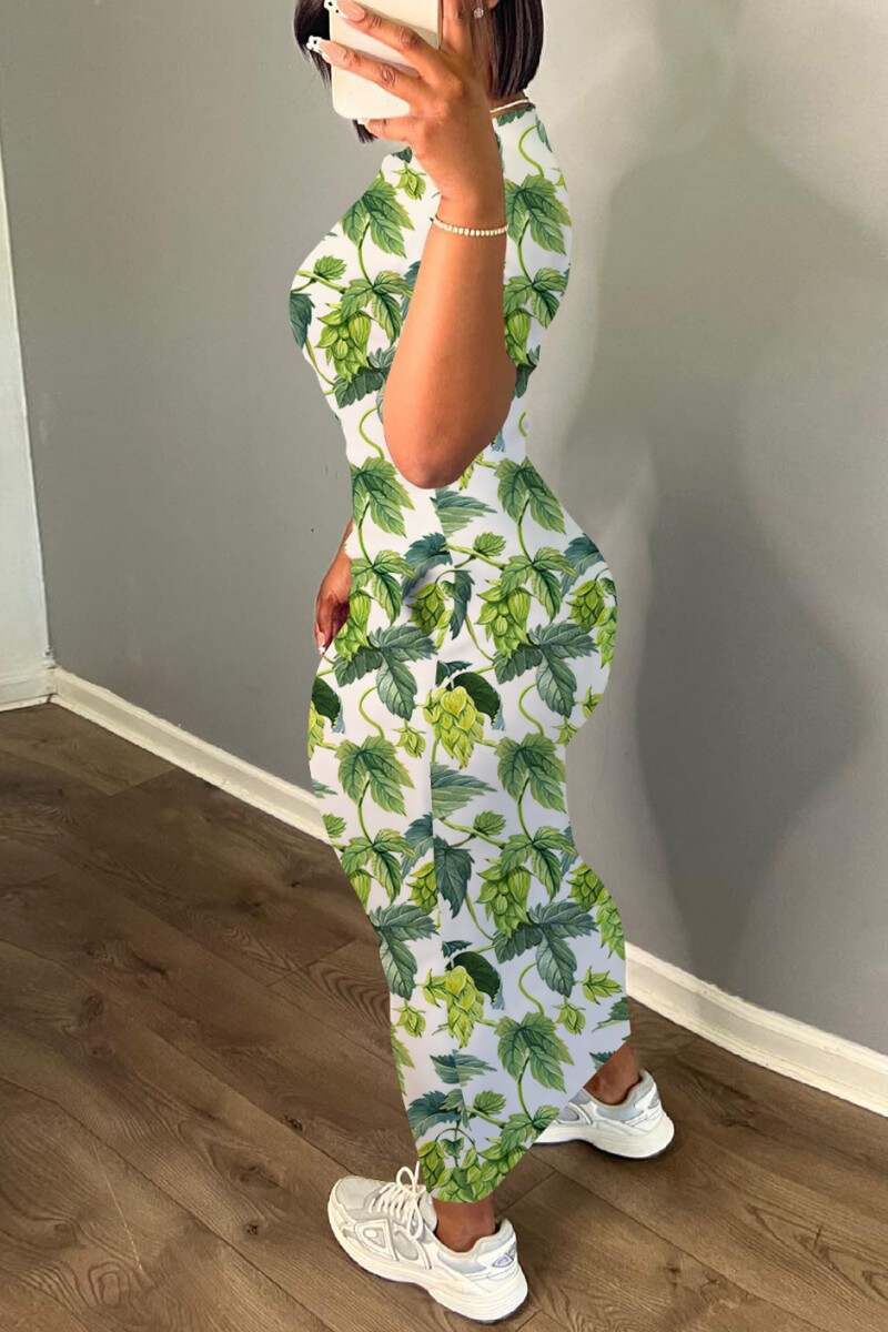 Green Casual Print Basic O Neck Long Dress Dresses