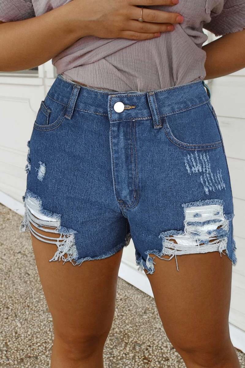 Deep Blue Casual Solid Ripped High Waist Regular Denim Shorts