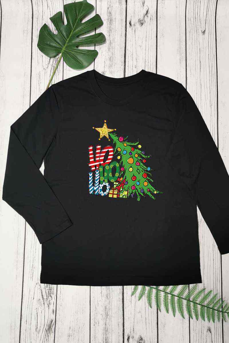 Black Casual Christmas Tree Printed Basic O Neck T-Shirts