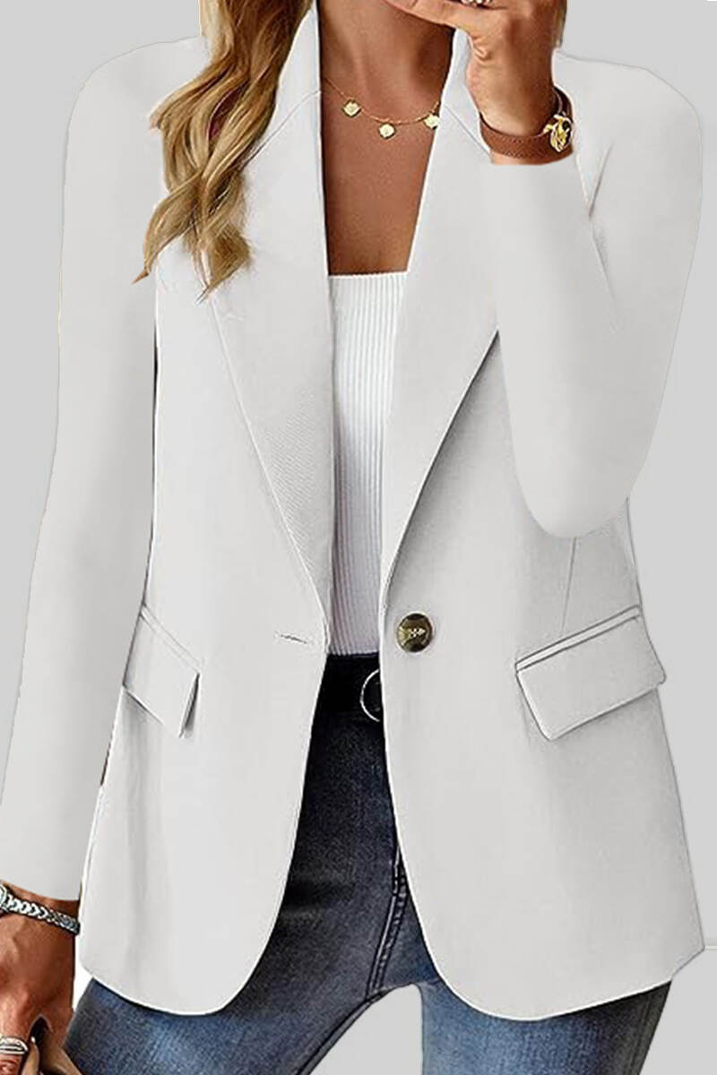 White Casual Solid Cardigan Turn-back Collar Outerwear