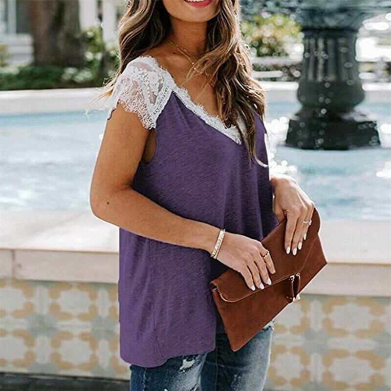 Women's V Neck Lace Vest Summer Casual Short-sleeved Top