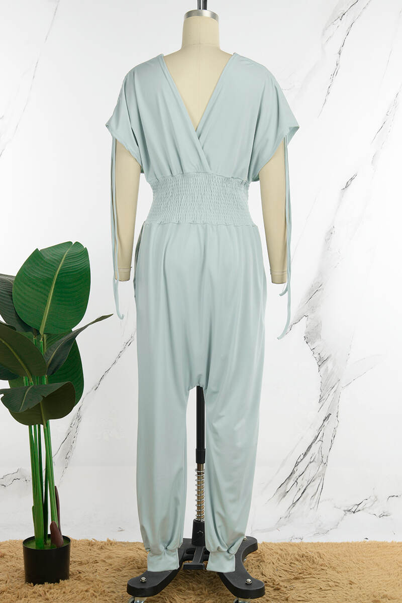 Grey Casual Solid Patchwork Draw String V Neck Loose Jumpsuits