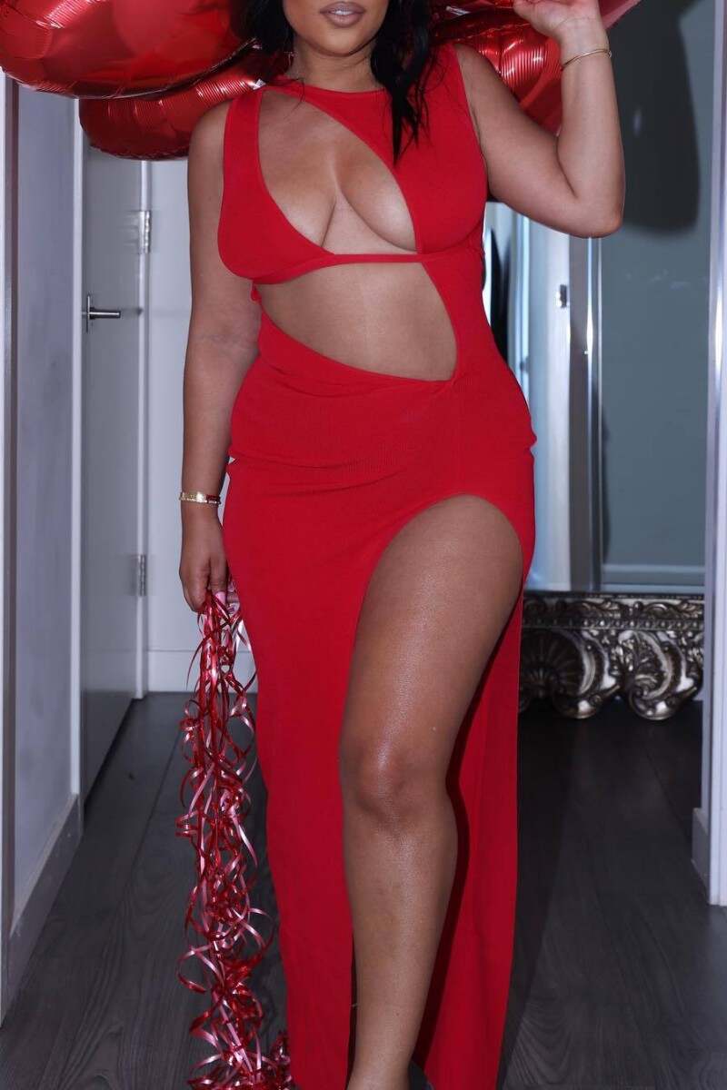 Red Sexy Solid Hollowed Out Slit O Neck Long Dress Dresses