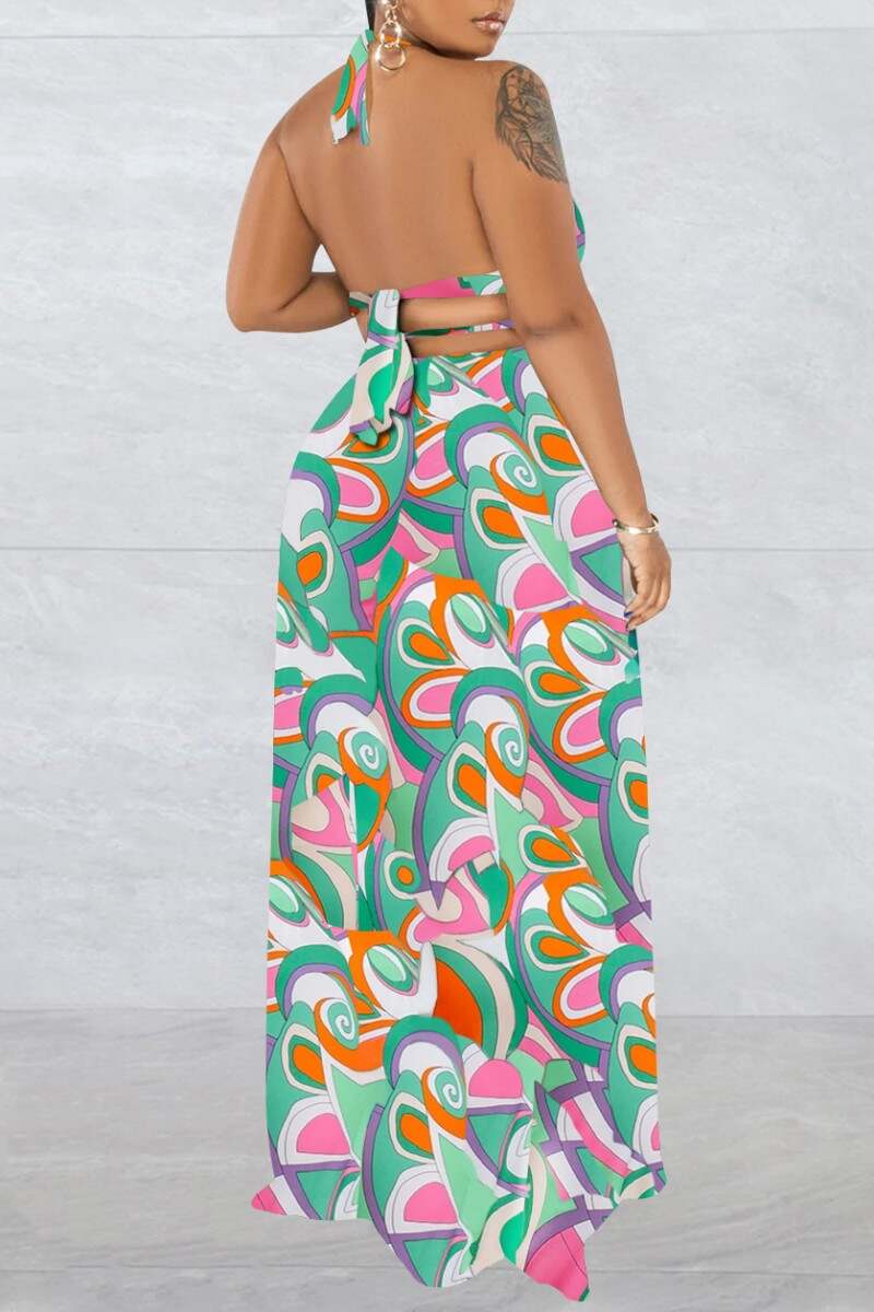 Orange Green Sexy Print Bandage Backless Spaghetti Strap Long Dress (Without Waist Chain ,Subject To The Actual Object)