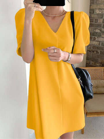 Women Casual Dresses | Elegant Solid Color Short Sleeve V-Neck Dress - IP41881
