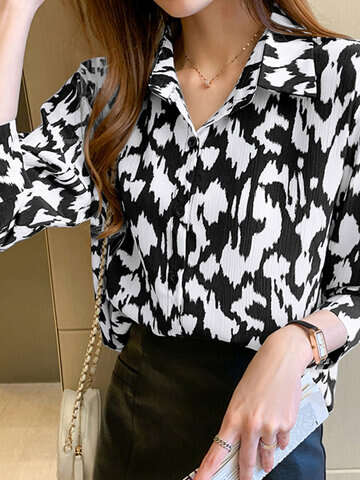 Women Blouses & Shirts | Women Print Long Sleeve Lapel Button Front Shirt - YP98412