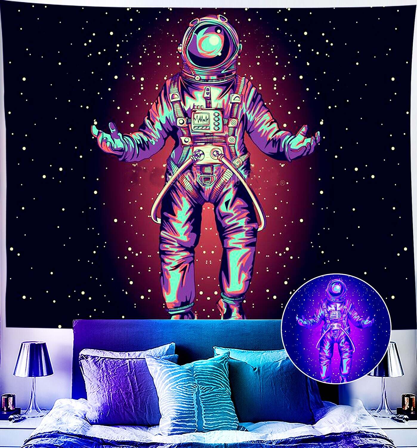 Astronaut Blacklight UV Reactive Wall Tapestry Universe Galaxy