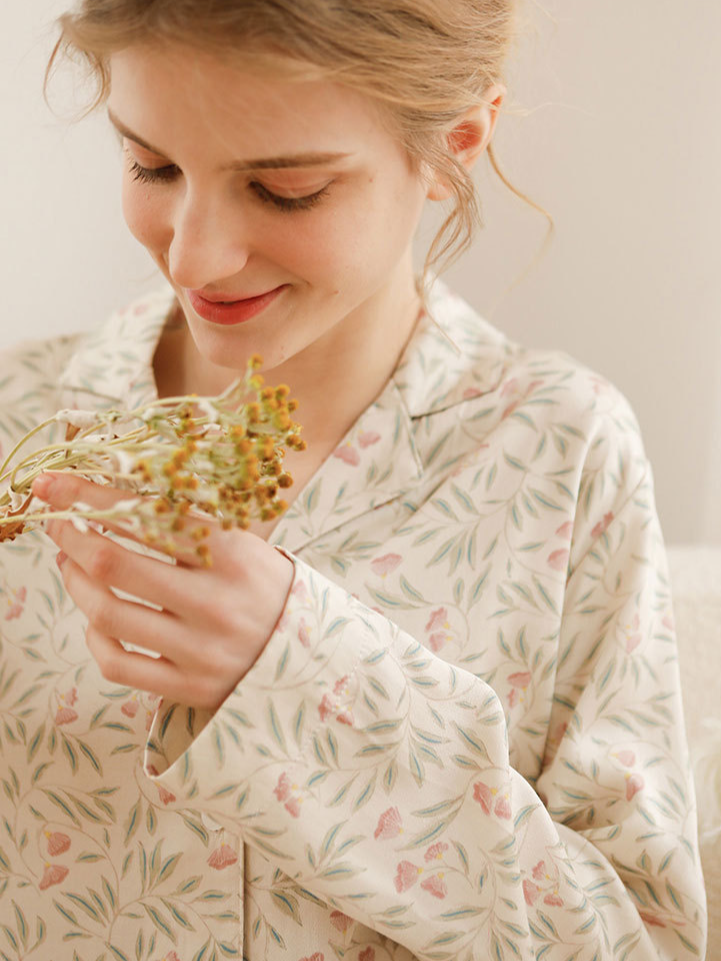 Loose V Neck Casual Floral Long Sleeve Pajama Set