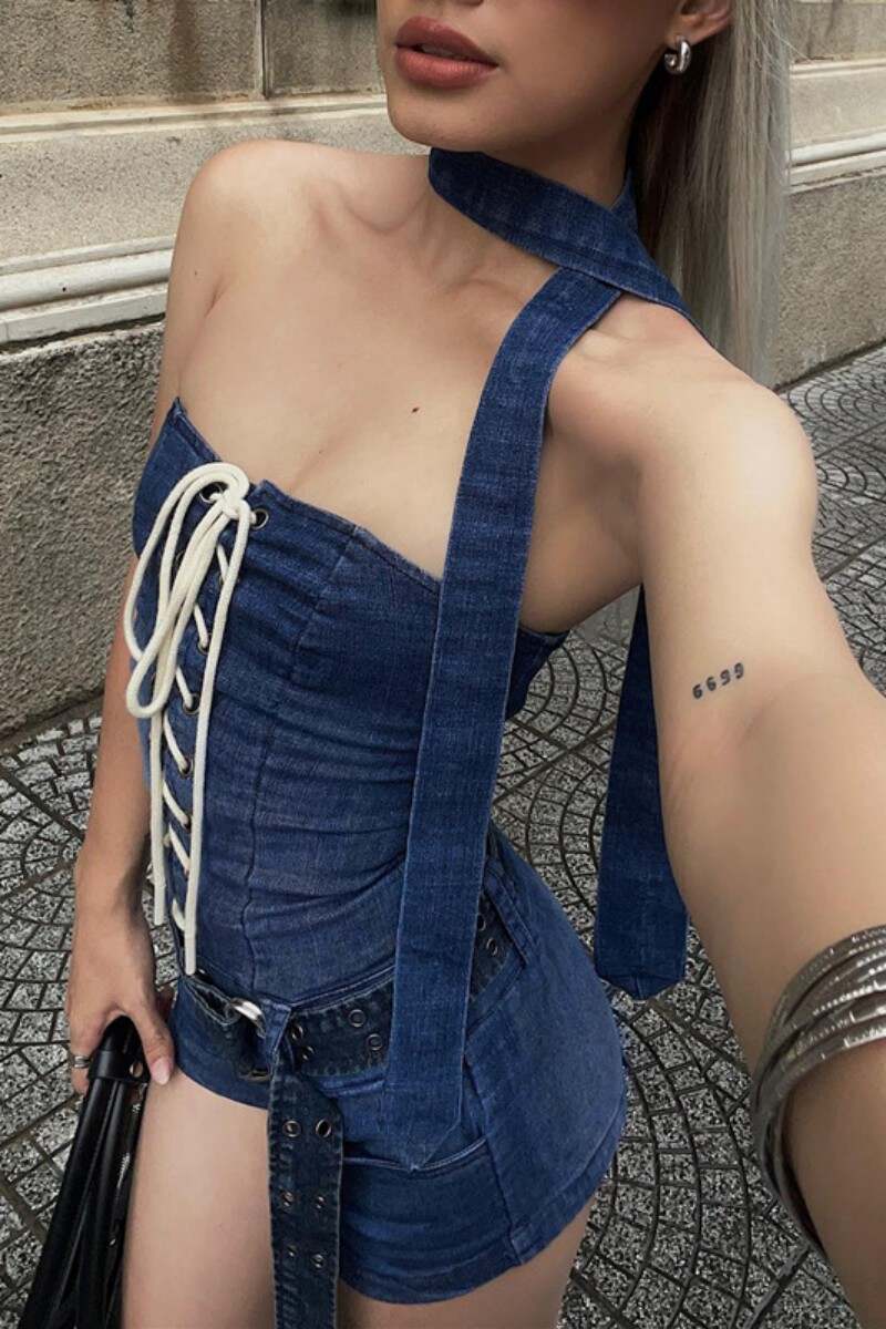 Blue Sexy Solid Frenulum Backless Strapless Sleeveless Skinny Denim Romper