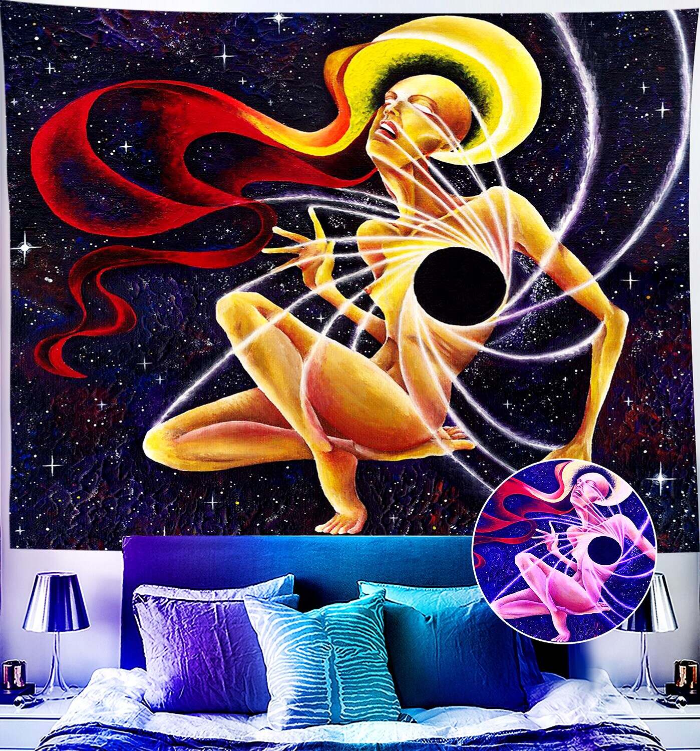 Trippy Blacklight UV Reactive Wall Tapestry Alien Astronaut Psychedelic