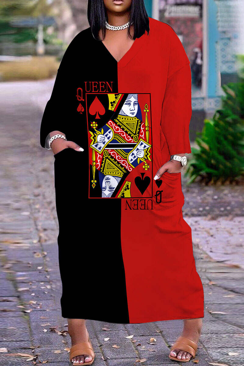 Tangerine Red Casual Print Basic V Neck Long Sleeve Dresses