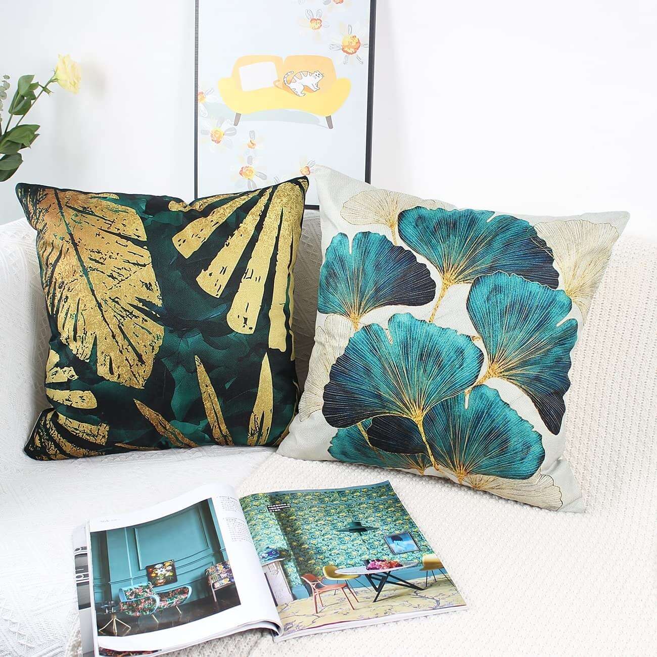 Set of 4 Throw Pillow Cases Open Branches and Loose Leaves Faux Linen Square Decorative Throw Pillow Cases Sofa Cushion Covers Outdoor Cushion for Sofa Couch Bed Chair Golden