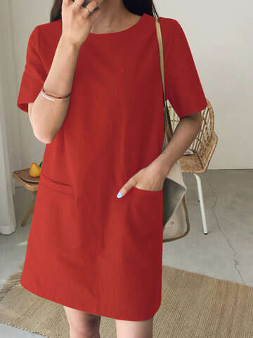 Women Casual Dresses | Solid Pocket Short Sleeve Casual Midi Dress - VA99318