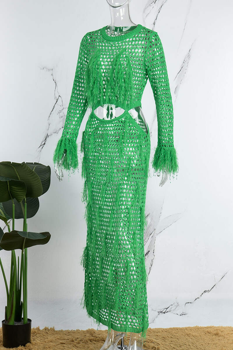 Green Sexy Solid Hollowed Out See-through O Neck Beach Dress Dresses