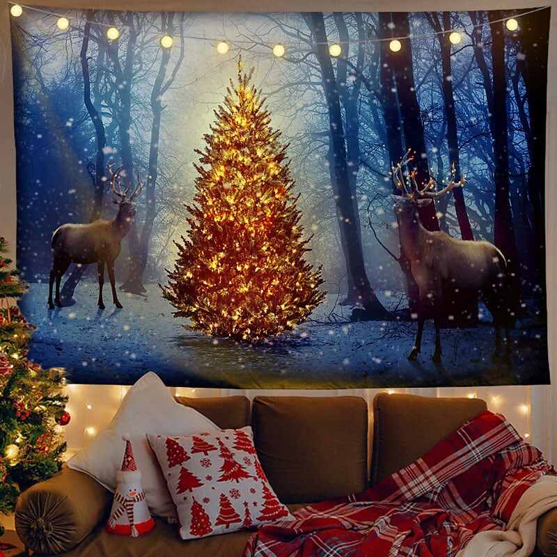 Christmas Decor LED Lights Wall Tapestry Snow Forest Christmas Tree Print