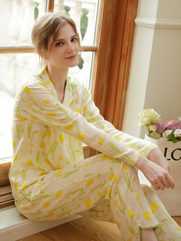 Vacation Loose Shawl Collar Long Sleeve Pajama Set