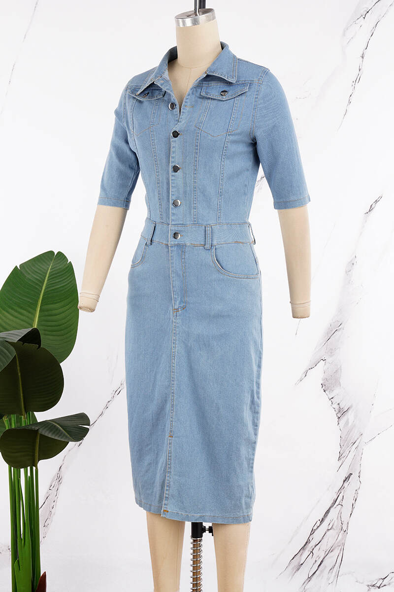 Light Blue Casual Solid Patchwork Turndown Collar Half Sleeve Denim Dresses