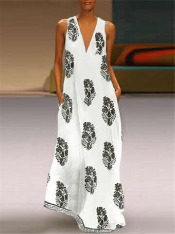Women Casual Dresses | Bohemian Maxi Print Sleeveless V Neck Dress - HQ04681