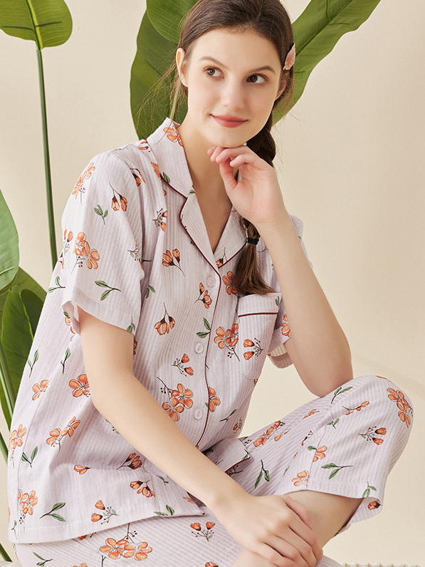 Regular Fit Simple V Neck Short Sleeve Pajama Set