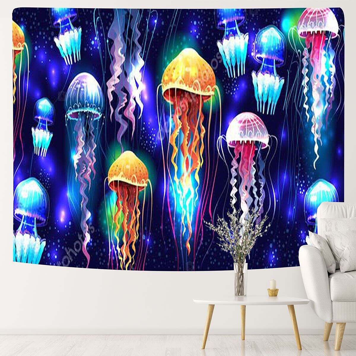 Black UV Light Jellyfish Psychedelic Tapestry