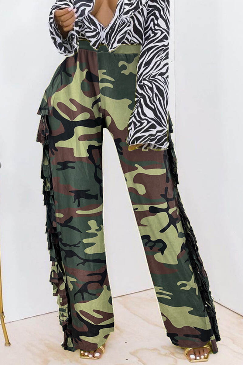 Camouflage Street Leopard Camouflage Print Tassel Patchwork Straight High Waist Straight Full Print Bottoms