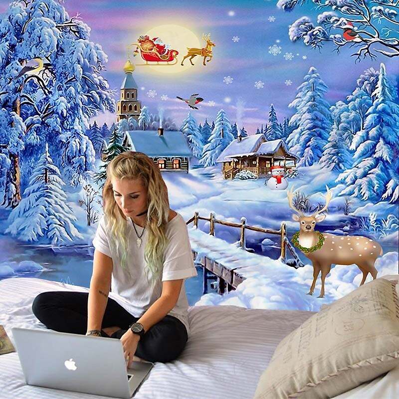 Christmas Rendeer Snow Holiday Party Wall Tapestry Art Decor for Winter Home