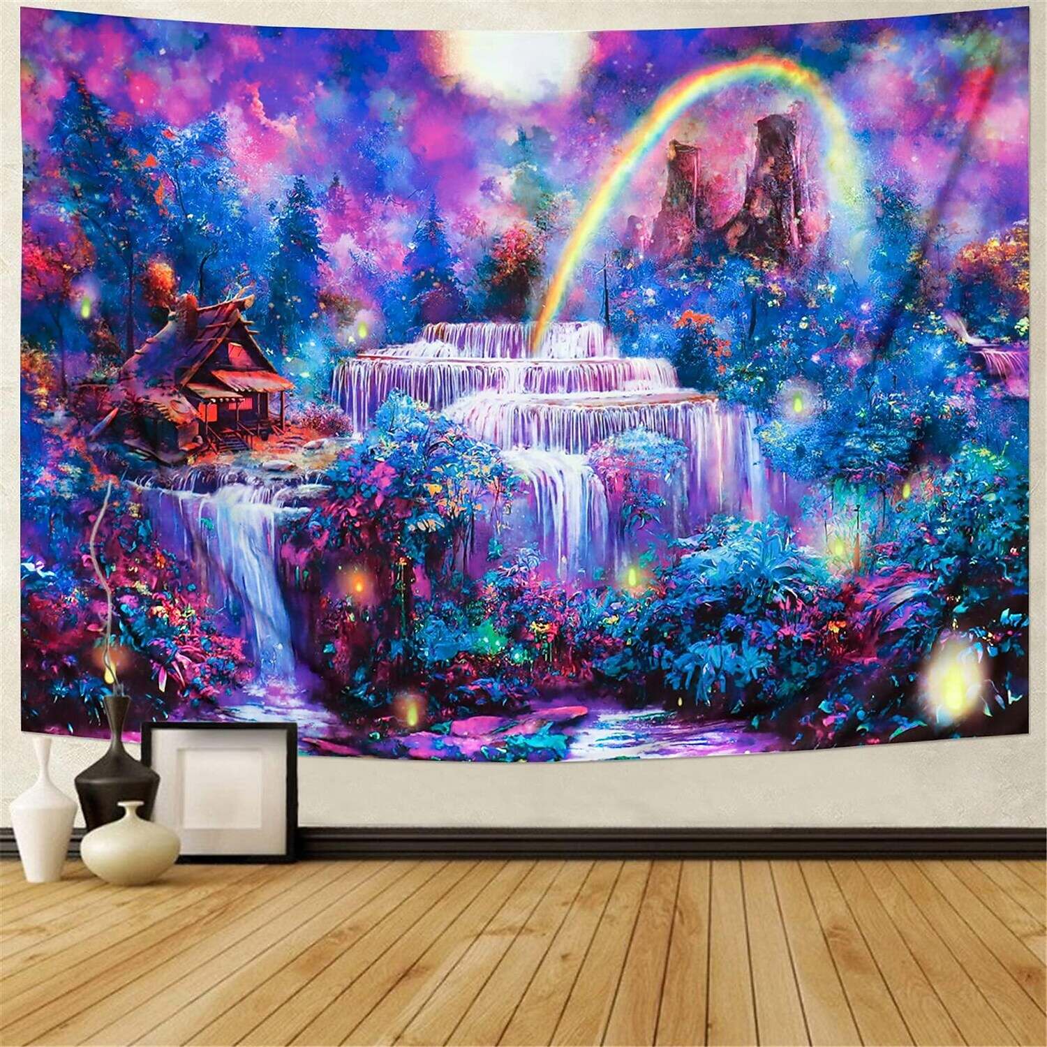 Blacklight Tapestry UV Reactive Trippy Wonderland Misty Forest Nature Landscape