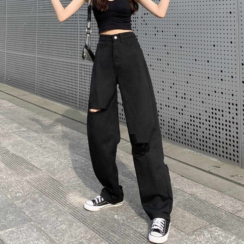 Black Wide Leg Ripped Summer Jeans