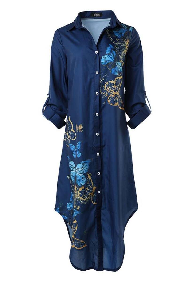 Blue Casual Butterfly Print Patchwork Turndown Collar Shirt Dress Dresses