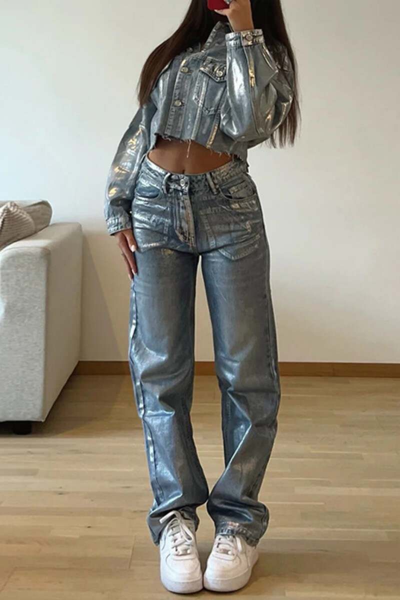 Silver Casual Tie Dye Patchwork High Waist Regular Denim Jeans