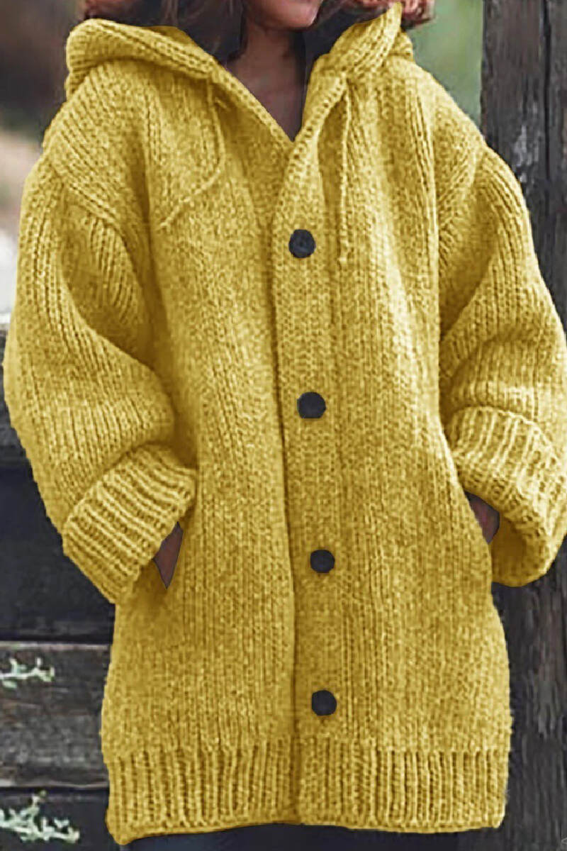 Yellow Casual Solid Buttons Basic Hooded Collar Outerwear