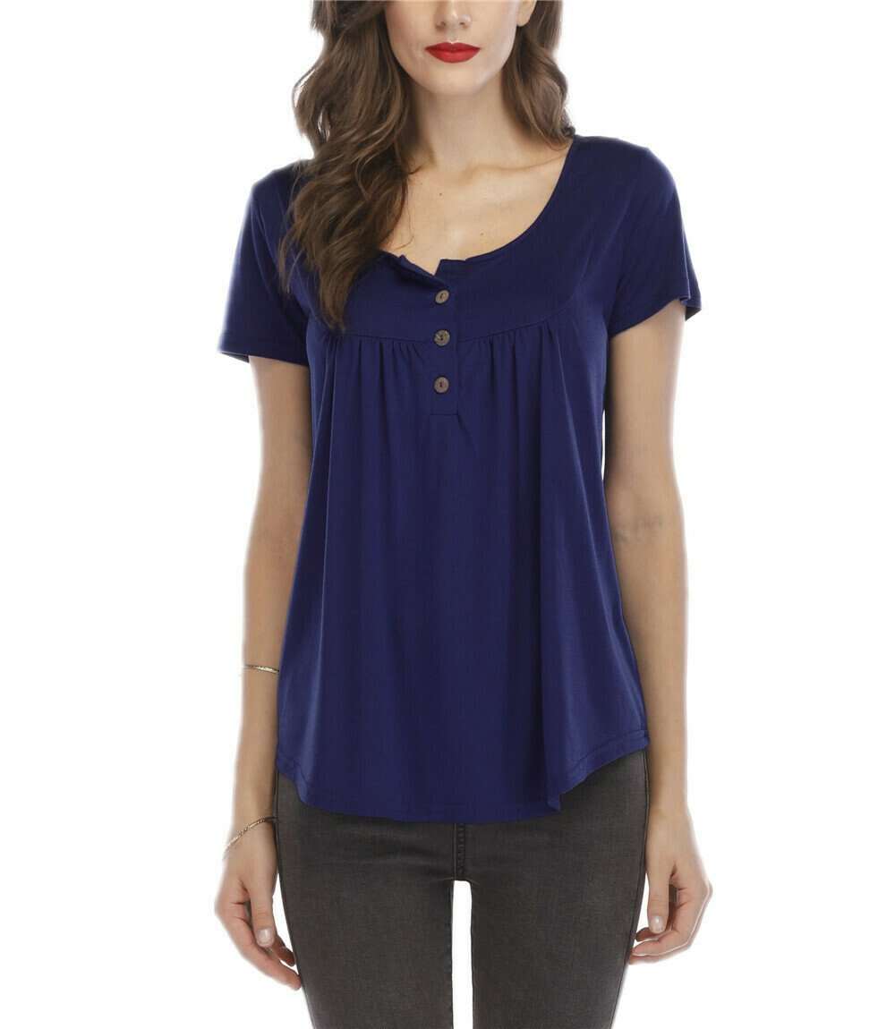 Women's pleated button loose short-sleeved T-shirt