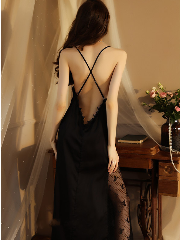 Sexy lace temptation nightgown ice silk long backless