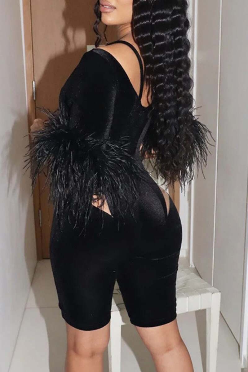 Black Sexy Solid Patchwork See-through O Neck Romper