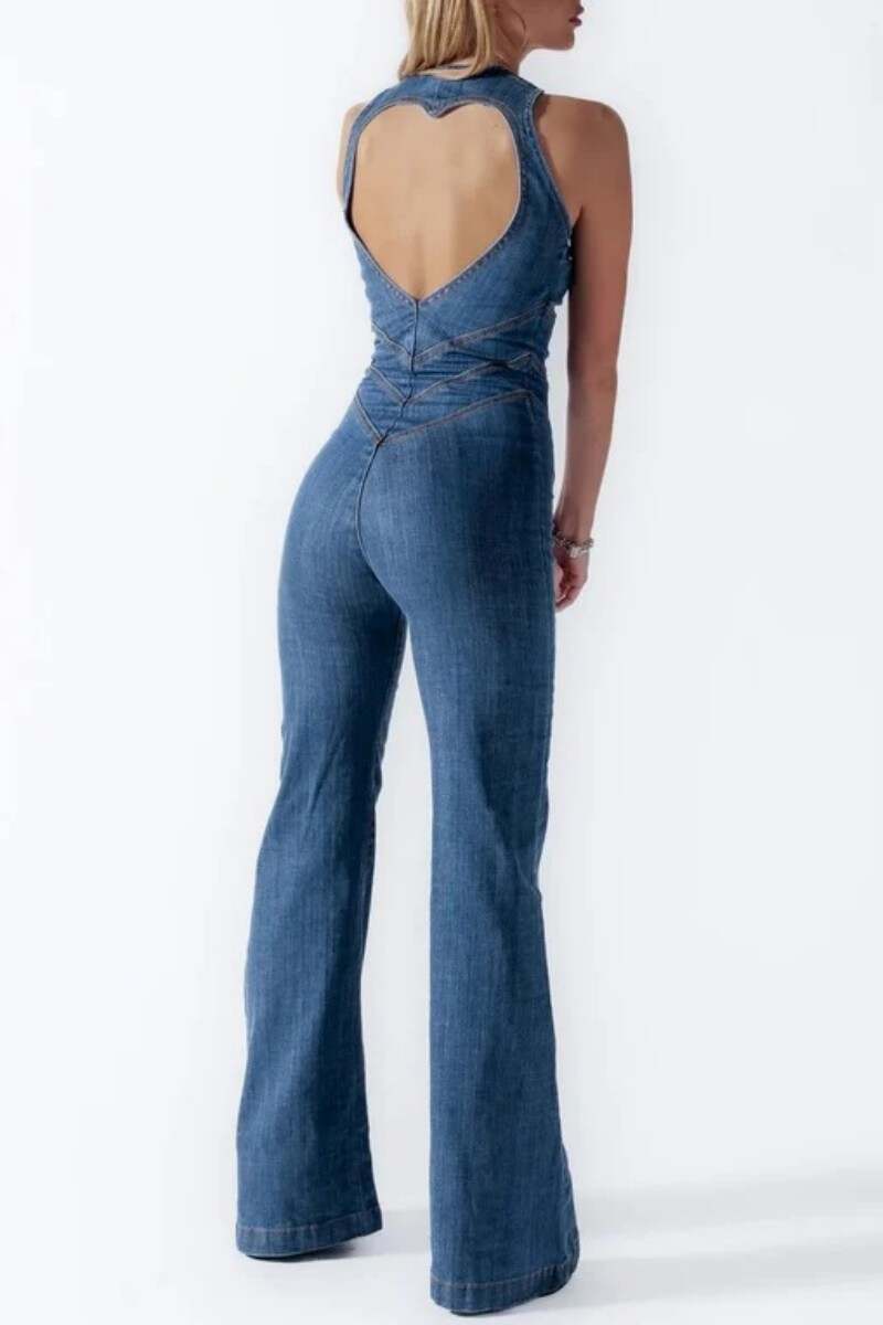 Blue Casual Solid Backless Zipper Collar Sleeveless Skinny Denim Jumpsuits