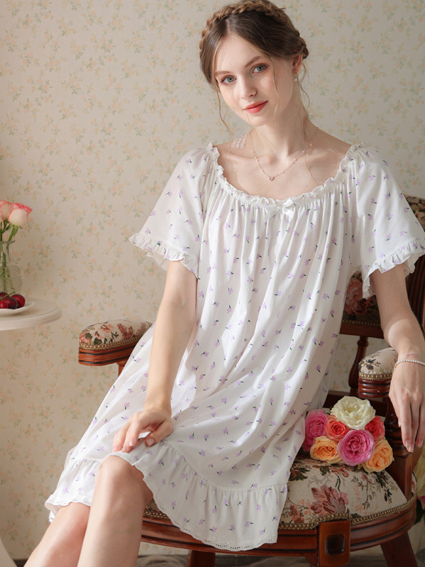 Simple Plain Cotton Floral Others Nightdress