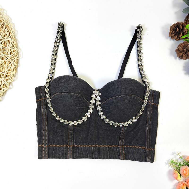 Cowboy Black Sexy Solid Patchwork Backless Beading Rhinestone Spaghetti Strap Tops