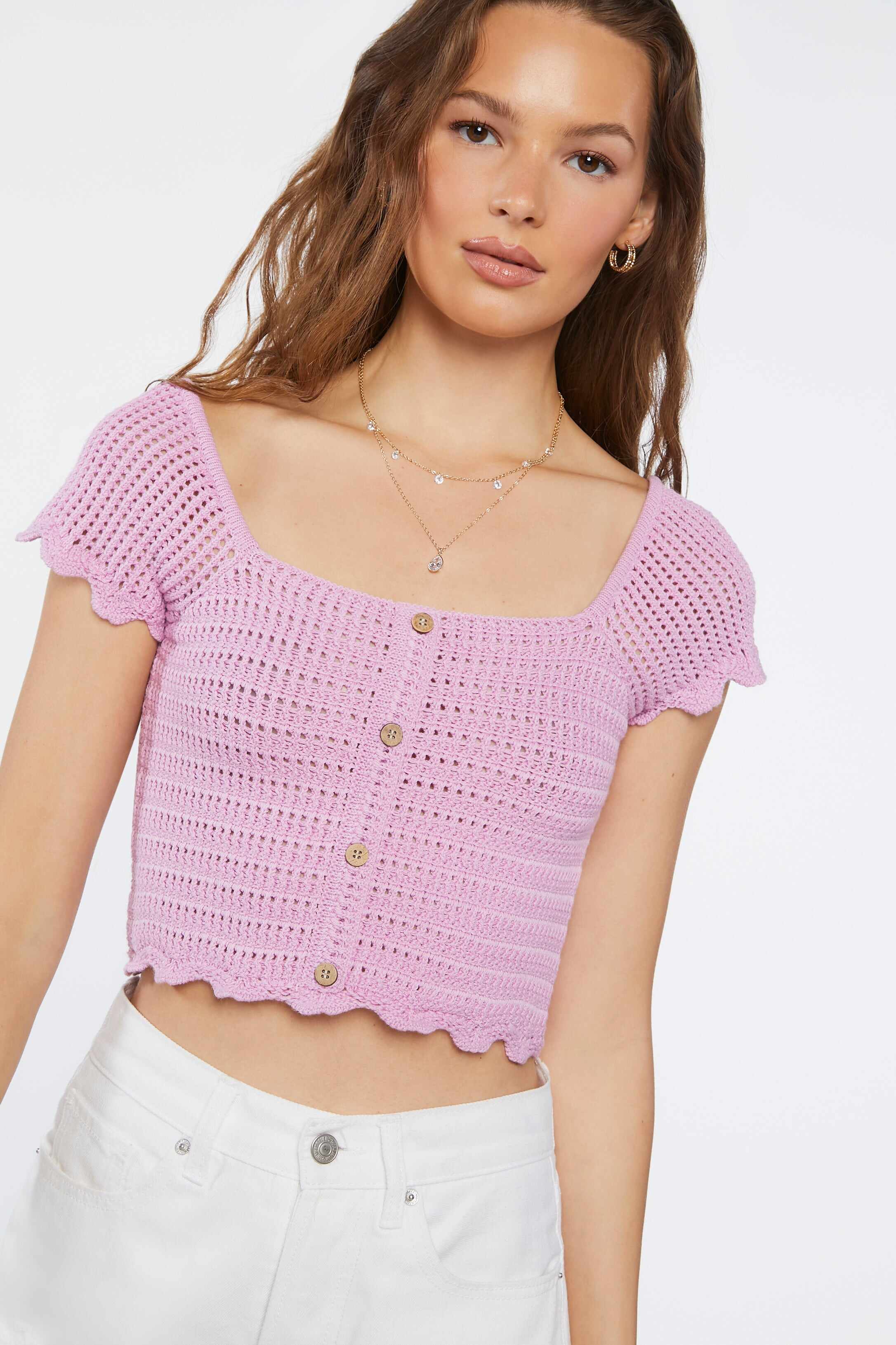 Women Apparel | Crochet Sweater-Knit Crop Top Lilac Forever21 - CJ16957