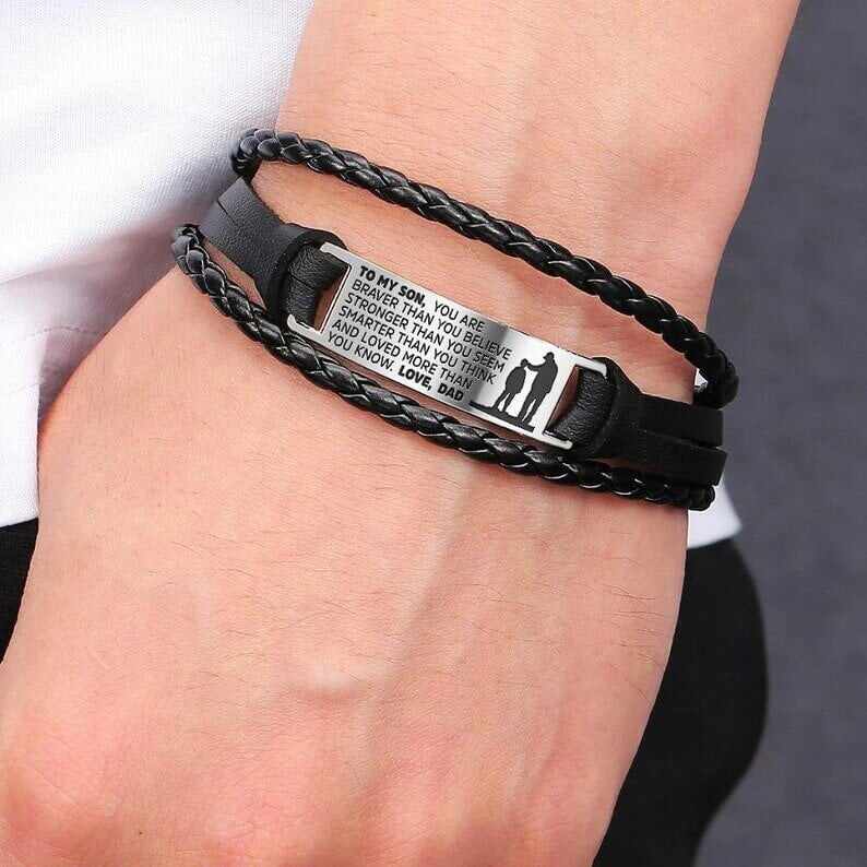 From Mom/Dad to Son - Steel & Adjustable Leather Style Bracelet