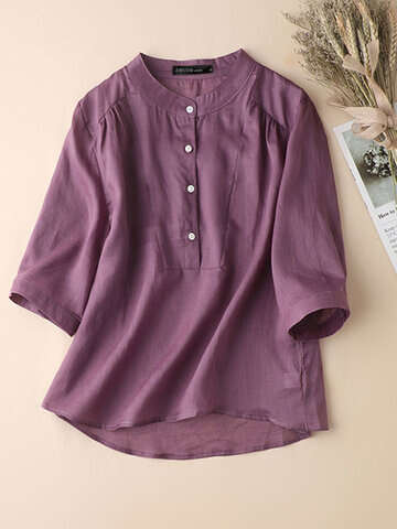 Women Blouses & Shirts | Solid Stand Collar Button Front Half Sleeve Blouse - MV25685