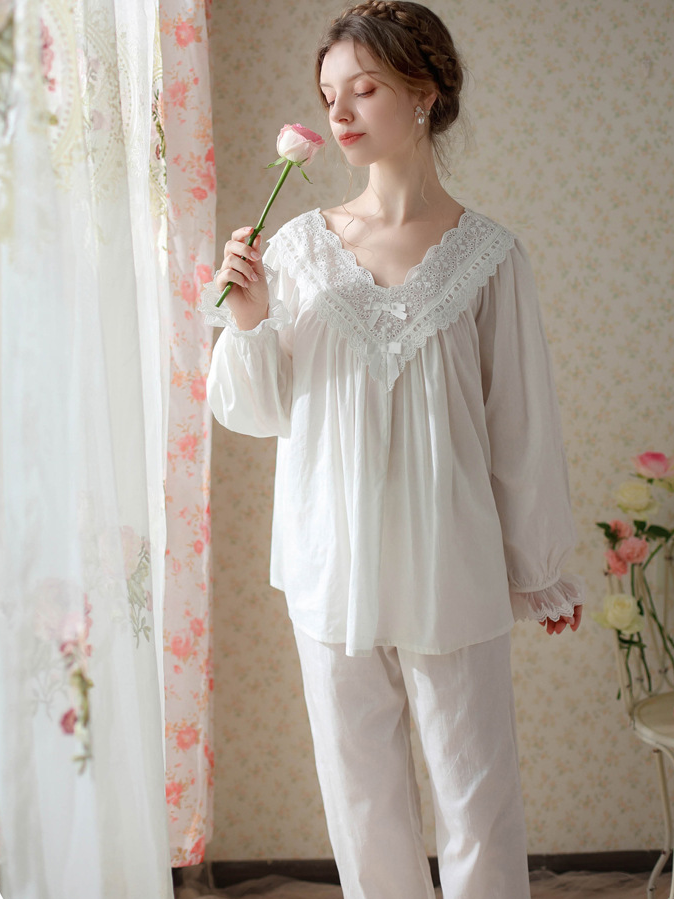 Elegant V Neck Loose Cotton Long Sleeve Pajama Set