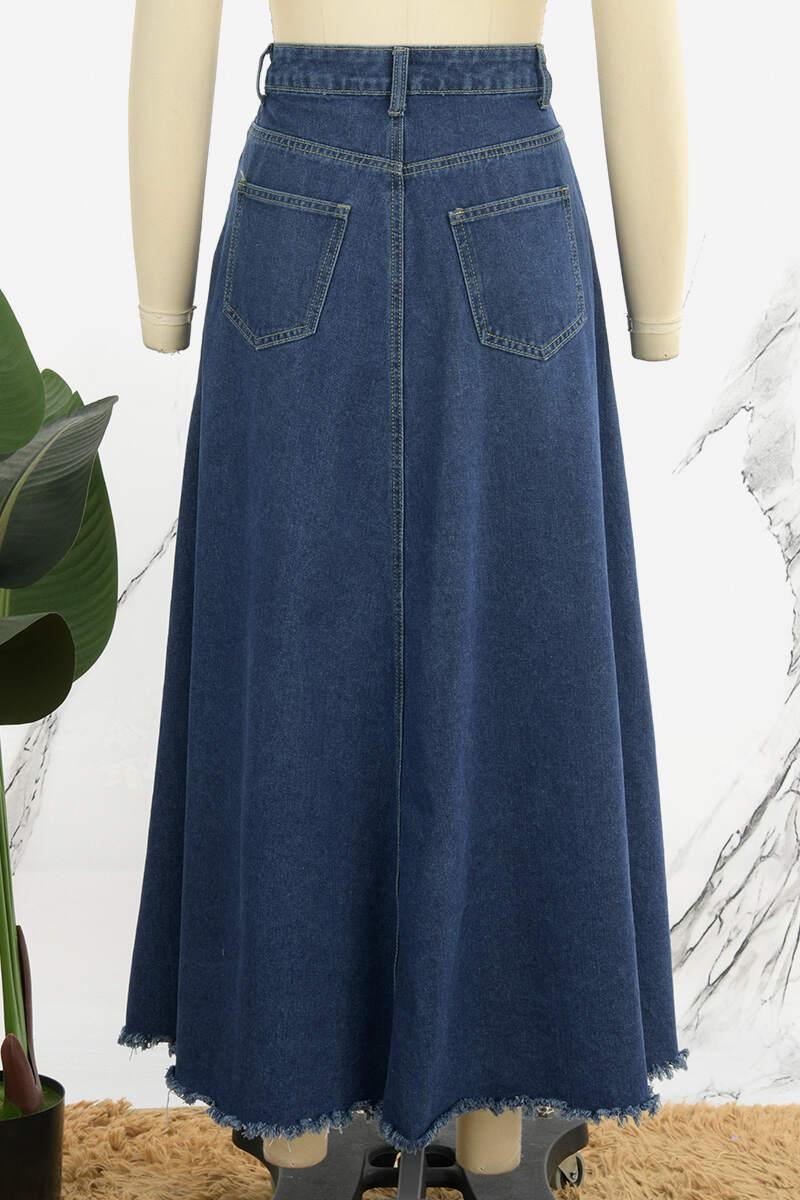 Deep Blue Casual Patchwork Contrast High Waist Regular Denim Skirts