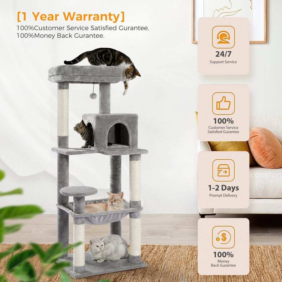 56.3-inch high indoor cat tree, multi-level cat tower with oversized hammocks, covered with sisal scratching posts, comfortable apartment