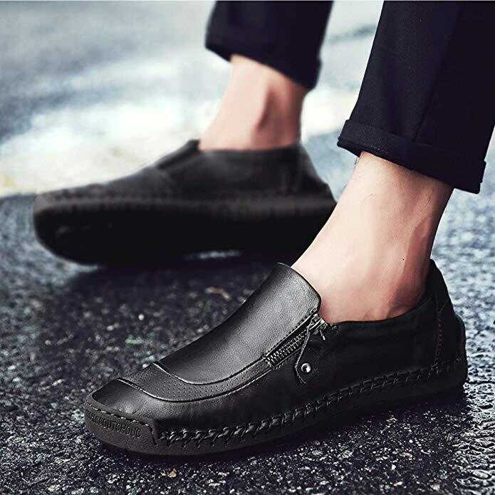 Men Hand Stitching Zipper Slip-ons Leather Shoes