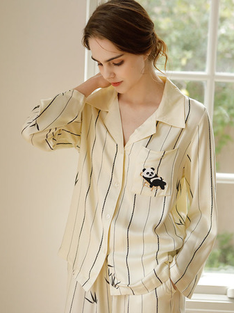 Vacation Shawl Collar Striped Satin Long Sleeve Pajama Set