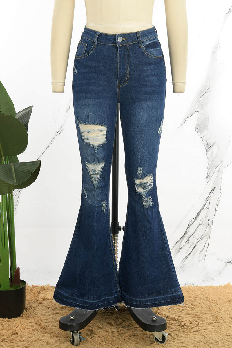 Deep Blue Casual Solid Ripped High Waist Boot Cut Denim Jeans